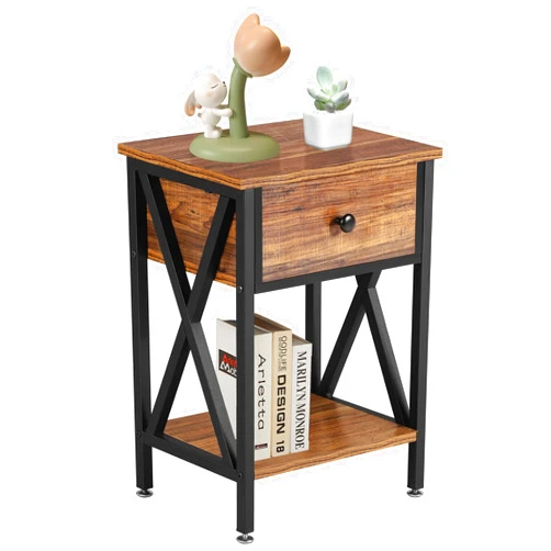 VECELO Nightstand, Modern Bedside End Table, Night Stand with Drawer and Storage Shelf for Living Room Bedroom, Industrial Metal Frame, Set of 1, Brown