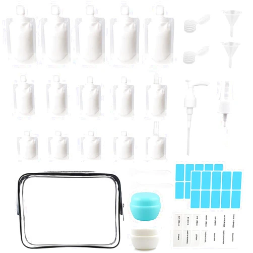 GUXACU 29 PCS Travel Size Refillable Empty Squeeze Pouch TSA Approved Travel Pouches for Toiletries Liquid Travel Containers Leak Proof Portable Travel Fluid Makeup Packing Bag for Cosmetics 30/50/100ml