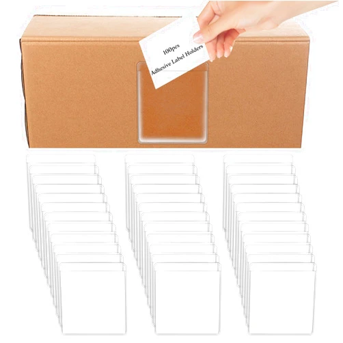 Telooco 100Pcs Self Adhesive Label Holders Clear Plastic Adhesive Pockets Rectangle Index Card Labels for File Mark School Library Business Office Supplies(2.16 x 1.96 Inch)