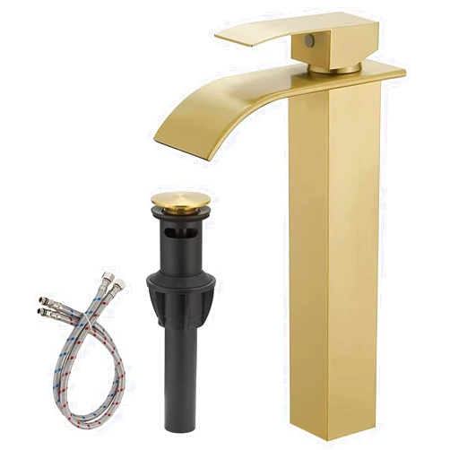 BWE Vessel Sink Faucet Modern Waterfall Brushed Gold Single Hole Bathroom Faucet Single Handle with Pop up Drain Without Overflow Assembly Vanity Basin Bath Sink Faucets Mixer Tap