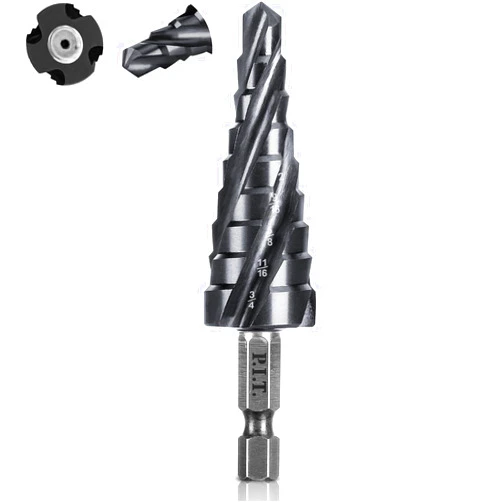 P.I.T. Quick Change Step Drill Bit Set 1/4”-3/4”,SAE Standard Industrial Grade Titanium Coated Step Bit, M2 HSS Cobalt Drill bits for Metal, Stainless Steel, Aluminum, Wood, Plastic with 1/4 '' Hex Shank.