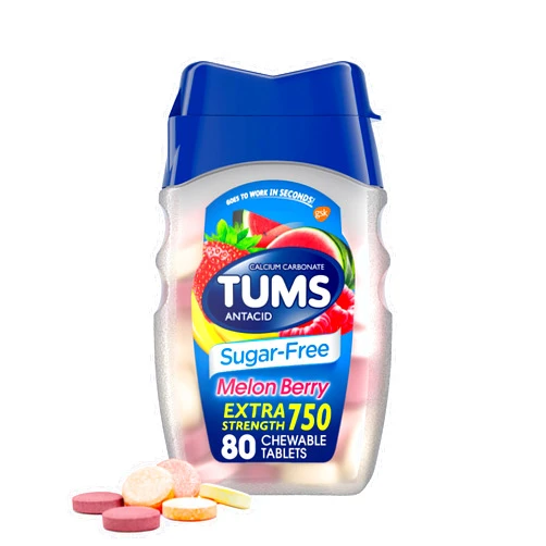 TUMS Extra Strength Chewable Sugar Free Antacid Tablets for Heartburn Relief, Melon Berry - 80 Count