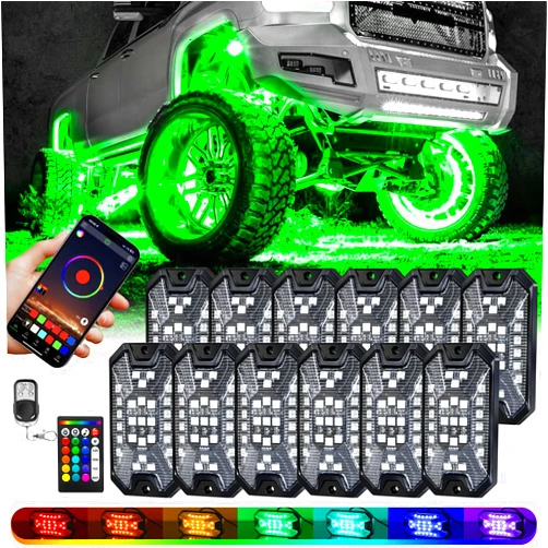 VI9000 12 Pods RGB LED Rock Lights 5 Sides with APP/RF Remote Control IP68 Waterproof Underglow Multi Zone Neon Exterior Rock Lights Multicolor 12v for Trucks Four Wheeler Offroad Pickup UTV ATV RZR SUV
