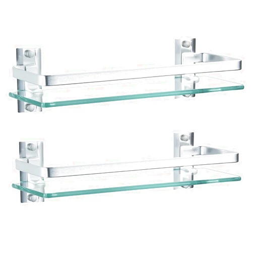 AIJALY 2 Pack Bathroom Glass Shelf,15.7 Inches Silver Bathroom Shower Glass Shelf Wall-Mounted, Metal Storage Floating Kitchen Shelf