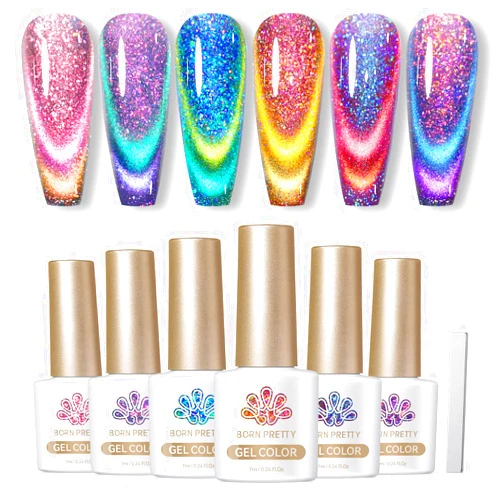 BORN PRETTY Cat Magnetic Gel Nail Polish 9D Chameleon Holorgraphic Cat Magnetic Eye Gel Polish Glitter Gel Polish Set 6PCS