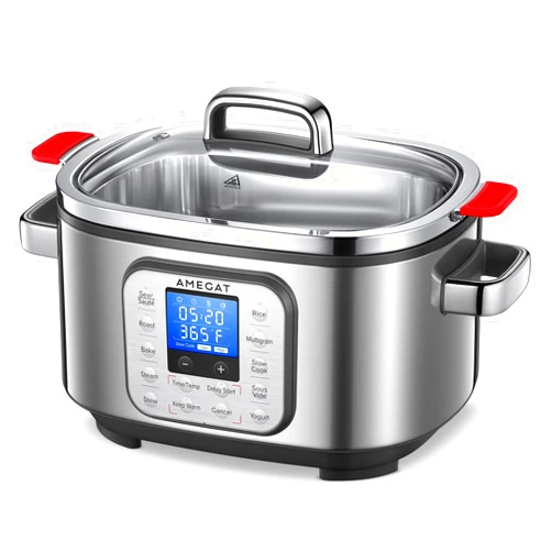 AMEGAT Slow Cooker 6 Quart, 10 in 1 Programmable Cooker, Rice Cooker, Sauté, Steamer & More, Stainless Steel Inner Pot, Steaming Rack & Glass Lid, Delay Start, Adjustable Temp & Time with LED Display