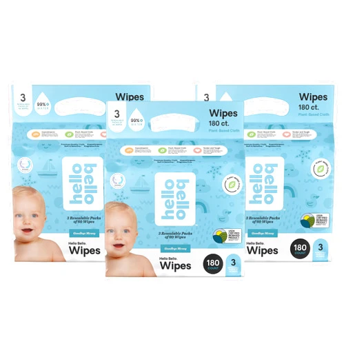 Hello Bello Baby Wipes I Plant Based Wipes for Sensitive Skin Made with 99% Water and Aloe for Babies and Kids I Unscented I 540 Count (9 Packs of 6)