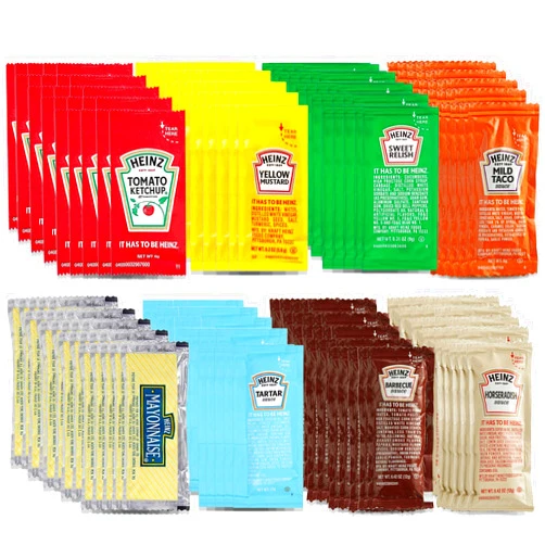 Snackivore Condiment Packets Variety 200 Pack- 25 Ketchup Packets, 25 Mayonnaise Packets, 25 Mustard Packets, 25 Relish Packets, 25 BBQ Sauce Packets, 25 Tartar Sauce, 25 Horseradish, and 25 Taco Sauce.