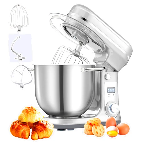 Biolomix Kitchen Electric Stand Mixer, 6 Speed Tilt Head Food Mixer with 6.5 QT Stainless Steel Bowl, Dough Hook, Flat Beater, Whisk and Anti Splash Cover (6.5 QT, Light Silver)