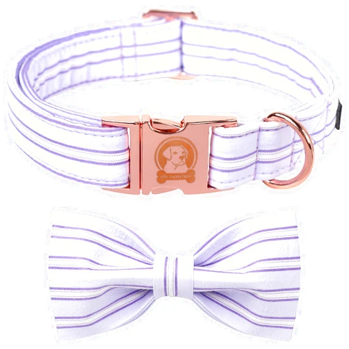 MR.CHUBBYFACE Purple Dog Collar with Bowtie, Cute Summer Dog Collar for Girl Boy Female Dogs, Adjustable Cotton Dog Collar with Metal Buckle for Medium Dogs
