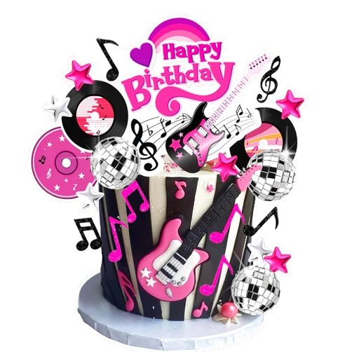 DRWATE 28 PCS Guitar Cake Toppers Disco Ball Cake Toppers Pink Music Theme Birthday Cake Toppers Guitar Model Cake Decorations For Musician Birthday Party Rock Theme Guitar Theme party Supplies (1)