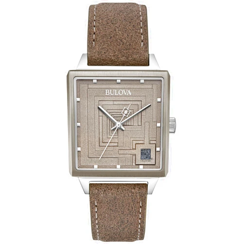 Bulova Men's Frank Lloyd Wright Limited Edition 'Ennis House' Silver Stainless Steel Watch, Grey Leather Strap Watch, Textured Medallion Grey Pattern Dial, 3 Hand (Model: 96A314)