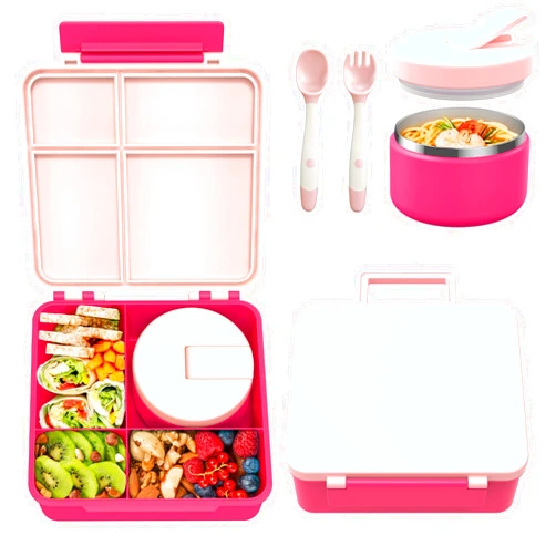 Pawtong Bento Lunch Box with 8oz Soup Thermo, Kids Leakproof Lunch Food Containers with 4 Compartment, Kids Thermo Insulated Hot Food Jar for School, Trvael - (Pink)