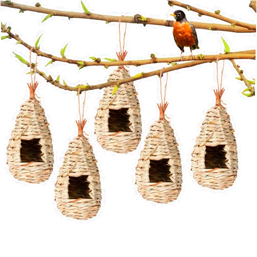 Kmise Humming Bird Houses for Outside Hanging, Natural Grass Hut, Hand Woven Hummingbird Nest for Garden Window Outdoor Home Decoration, 5 Pack (Water Droplets)