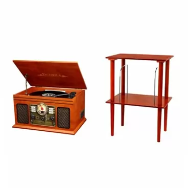 Victrola Nostalgic Classic Wood 6-in-1 Bluetooth Turntable Entertainment Center, Mahogany Bundle with Victrola Wooden Stand for Wooden Music Centers with Record Holder Shelf, Mahogany