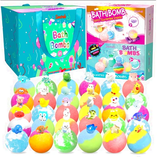 Santrela Bath Bombs for Kids with Surprise Toys Inside, 30 Pack Kids Bath Bombs Gift Set for Girls Boys Birthday, Halloween, Christmas, Handmade Child-Safe Fun Bubble Bath Fizzies Ball with Toys