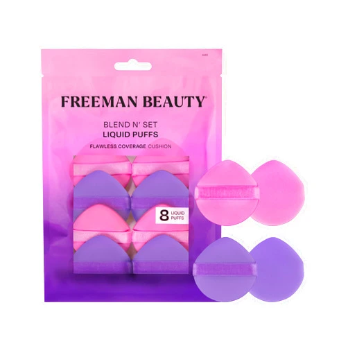 Freeman Blend N' Set Liquid Puff Set, Cushion Makeup Puffs For Liquid & Cream Foundation, Concealer, Blush, & Highlight, Round Puff For Makeup Blending, With Finger Band, Vegan & Cruelty-Free, 8 Count