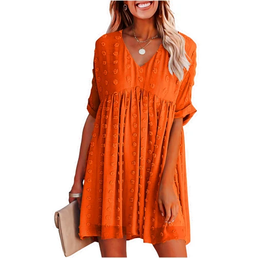 KIRUNDO Womens Summer Dresses 2024 Casual V Neck Short Sleeve Swiss Dot Ruffle Loose Flowy Mini Babydoll Dress