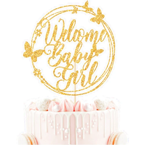 Calarjeta Welcome Baby Girl Cake Topper, Baby Shower Cake Decorations for Girl, It's a Girl, Baby Girls 1st Birthday Party Decorations (Gold Glitter)