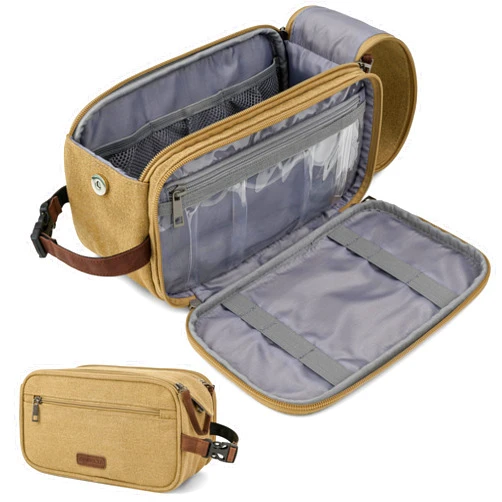 PAVILIA Toiletry Bag for Men, Canvas Travel Dopp Kit, Water Resistant Hygiene Bag Toiletries Organizer, Shaving Kit Travel Accessories Bag, Tan Khaki