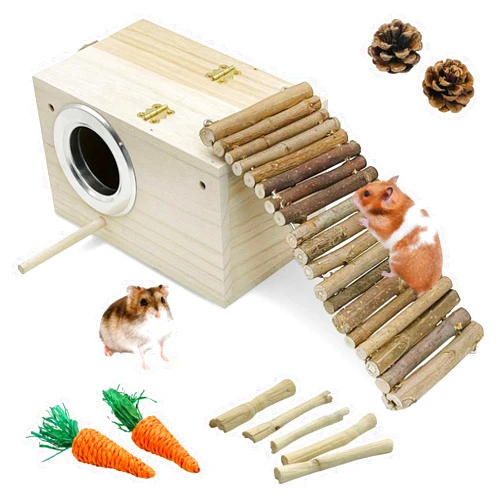 Hamiledyi Small Animal House Habitat Wooden Hamster House Hideout with Chew Toys Hideaway House Hamster Cage Accessories for Syrian Dwarf Hamster Mice Gerbils