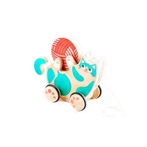 Hape Wooden Walk-A-Long Kitten Pull Toy| Roll & Rattle Push Pull Toy for Toddler| Montessori Toys for Walking Toddlers, Green