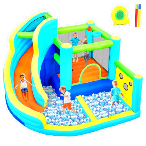 FBSPORT Inflatable Bounce House, Water Slide Park Slide Bouncer with Ball Shooting, Climbing Wall, Jumping and Splash Pool, Kids Bouncy Castle with 450W Air Blower for Outdoor Backyard