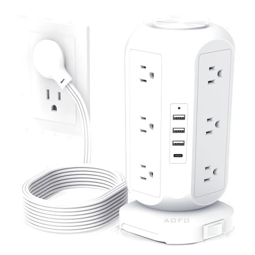 AOFO Tower Power Strip Flat Plug with 12 Outlets 4 USB(1 USB C),AOFO Surge Protector Charging Station with Overload Protection, Widely Spaced Multiple Outlets 10Ft Extension Cord for Home, Dorm,Office