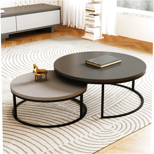 NessCarsti Modern Round Coffee Table Set, Nesting Cocktail Tables with Black Metal Legs, Dark Gray/Light Gray, Easy Assembly, 31.5/23.7 Inches, Perfect for Living Room, Bedroom, or Lounge