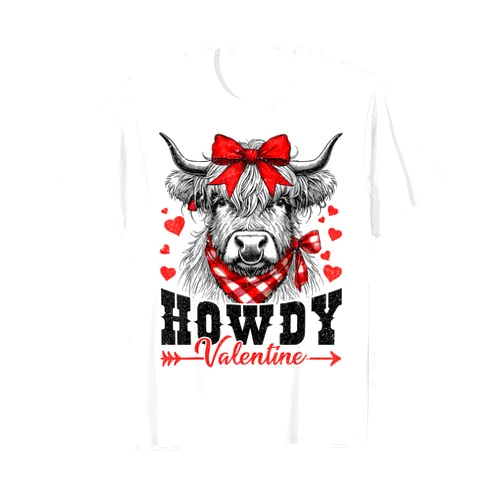 Western Valentine Highland Cow Coquette Bow Shirts Howdy Valentine Highland Cow Heart Western Valentine's Day T-Shirt