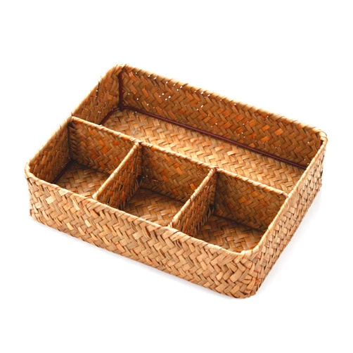 YANGQIHOME Tea Bag/Sugar Packet Holder, Coffee Station Condiment Organizer, Seagrass Storage Basket, Wicker Rattan Divided Basket Organizer for Drawer/Shelf/Countertop