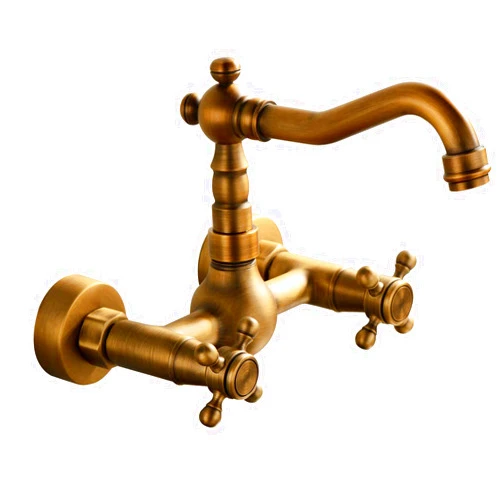 GGStudy Wall Mounted Kitchen & Bathroom Sink Faucet with Double Cross Handle Antique Brass Finish