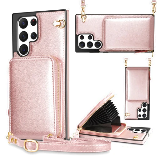 JAKPAK for Samsung Galaxy S22 Ultra 5G Case Wallet Zipper Leather Case with Card Holder Slots Protective Cover with Lanyard Case for Samsung Galaxy S22 Ultra 5G 6.8 inch -Rose Gold
