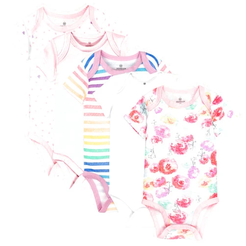 HonestBaby Baby 5-Pack Organic Cotton Short Sleeve Bodysuits, Rose Blossom, Newborn