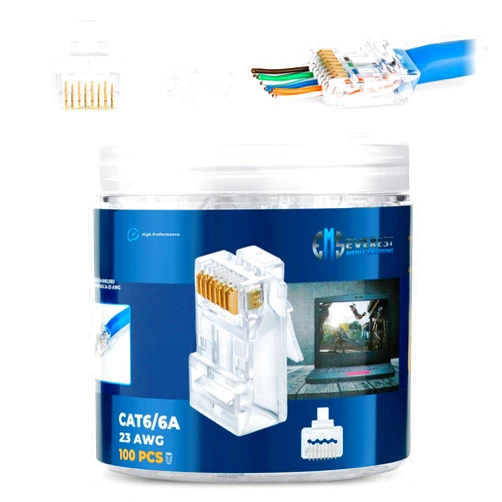 Everest Media Solutions RJ45 Cat6/6a Pass Through Connectors for a Thick 23 AWG Large Diameter UTP Network Cable, 100 Pcs | Insert Guides Included