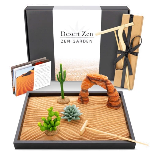 Island Falls Home Desert Zen Garden Kit. Premium Home Cactus Decor. 11x8 Sand Tray. 4 Artificial Features, Brown Sand, 3 Handcrafted Wood Tools. Southwestern Desert Decor Zen Garden for Desk Therapy