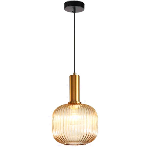 Debbte Industrial Vintage Glass Pendant Lighting Brass Finish Modern Retro Drop Ceiling Light Hanging Lamp for Bedroom Dining Room Kitchen Island (Amber, 7.9 Inches)