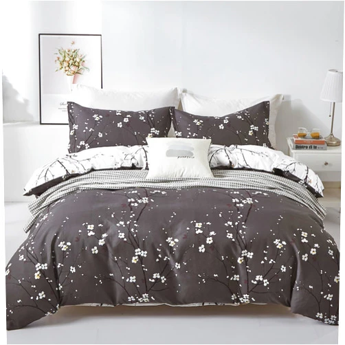 WONGS BEDDING Floral Duvet Cover Set Queen, Dark Grey 3 Pieces Flower Plum Blossom Printed Bedding Set with 2 Pillowcases,Branch Duvet Cover Set Queen Size 90