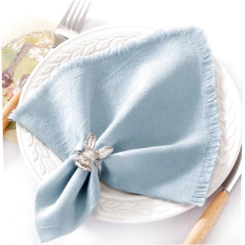DeZerlor 12 Pack Gray- Blue Cotton Linen Napkins with Fringe Spring Easter Cloth Napkins Set of 12 Boho Handmade Dinner Napkins Bulk for Wedding Bridal Baby Shower Parties, 17 x 17 Inches