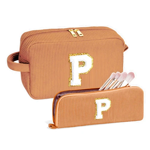 YOOLIFE Sister Gifts Cosmetic Bag Makeup Bag - Cute Makeup Bag Travel Makeup Bag with Small Makeup Brush Bag Teen Girls Makeup Bag Girlfriend Sister Mom Birthday Gifts for Women Her Brown Letter P
