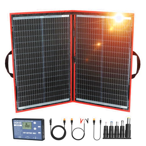 DOKIO 110w 18v Portable Foldable Solar Panel Kit (21x28inch, 5.9lb),Solar Controller 2 USB Output to Charge 12v Batteries/Power Station (AGM, Lifepo4) Rv Camping Trailer Emergency Power