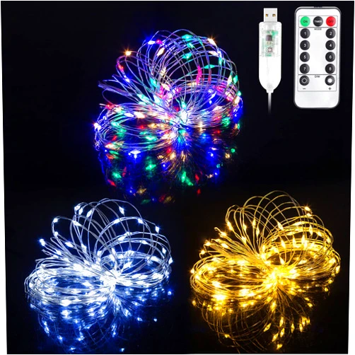YFFIZQ 3 Pack LED String Light, USB Powered 100FT 300 LED Silver Wire Fairy Lights with Remote, for Bedroom, Valentine's Day, Parties, Wedding Decoration, Included Warm White/White/RGB Color