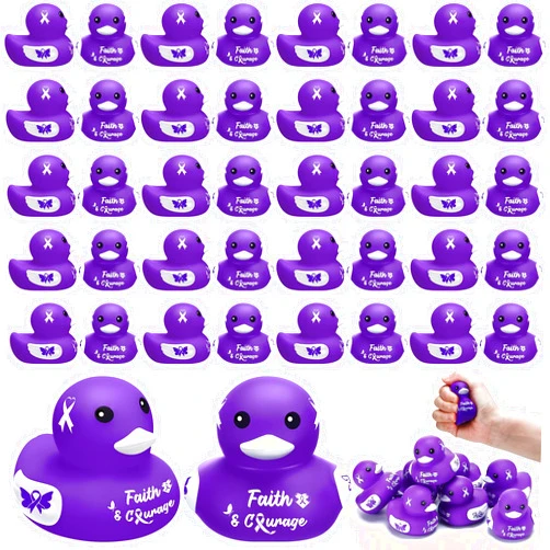RoundFunny 60 Pcs Purple Ribbon Awareness Gifts Rubber Duck Bulk Domestic Violence Awareness Supplies with Purple Ribbon Gifts for Pancreatic Cancer Alzheimer's Epilepsy Awareness Fundraiser and Toys