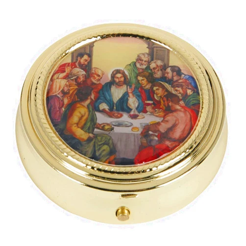 Pyx Case Gold Tone PYX for The Eucharist with Epoxy Last Supper Lid, 2 1/4 Inch