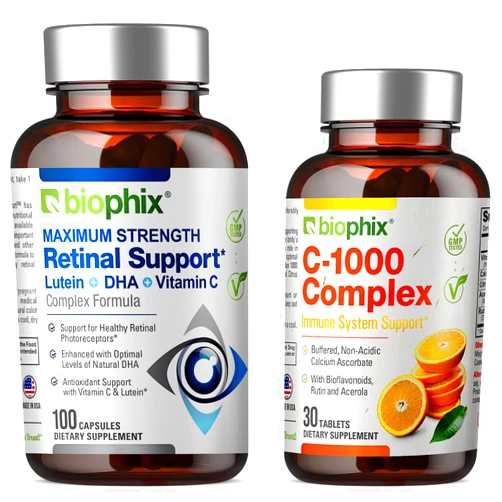 Biophix Retinal Support Maximum Strength Complex Formula 100 Capsules - Free C-1000 30 Tablets - Zinc Vitamin C E Lutein DHA Omega-3 Astaxanthin Hyaluronic Acid - Supports Eye Vision Health