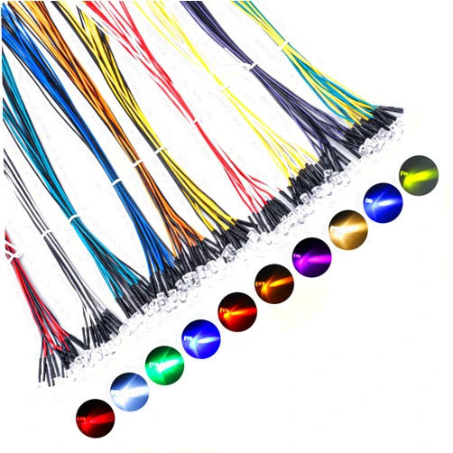 DiCUNO 100Pcs (10 Colors × 10Pcs) 5MM Pre Wired 12V LED Diodes, 9.4 Inch/24CM Ultra Bright Light Emitting Diodes Assorted Color Kit Box for Circuit Science Experiment, DIY Lighting Projects