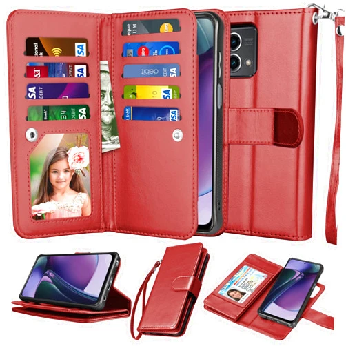 Njjex Wallet Case For Motorola Moto G Stylus 2024 5G, For Moto G Stylus 2024 5G Case, [9 Card Slots] PU Leather Credit Holder Folio Flip [Detachable] Kickstand Magnetic Phone Cover & Lanyard -Wine Red