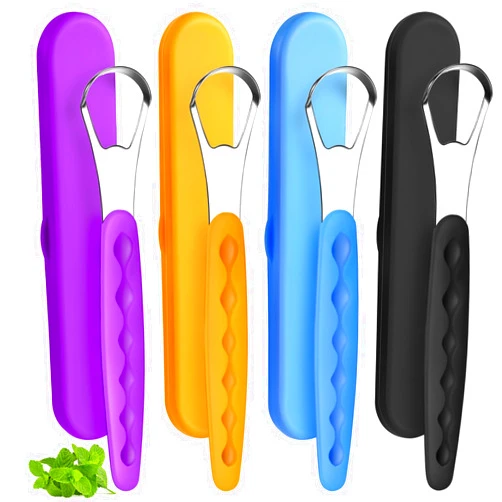 Yinkin 4 Pcs Tongue Scraper Cleaner Adults and Kids Stainless Steel Tongue Brush Metal Scraper Reduce Bad Breath with Travel Cases for Men Women Oral Mouth(Purple, Orange, Blue and Black)