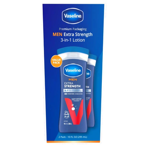 Vaseline Lotion for Dry Skin - Men Extra Strength Lotion, Fast-Absorbing Body Lotion with Vaseline Jelly and Ultra-Hydrating Lipids, 3-in-1 Body, Face, & Hands, 10 Oz Ea (Pack of 2)