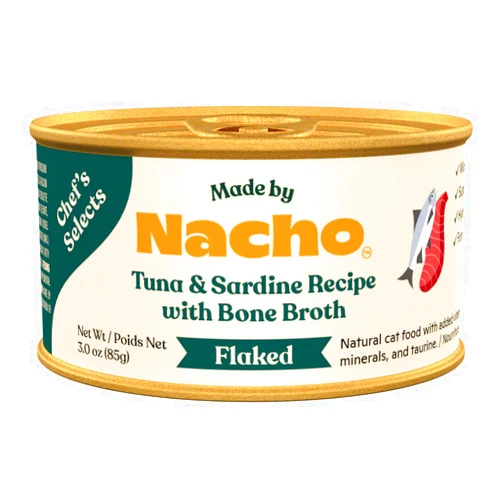 Made by Nacho Flaked Filets Recipe in Bone Broth, Grain-Free Chef's Selects Wet Food for Cats Balanced Diet in Naturally Hydrating Pumpkin-Infused Broth (3.0 oz (Pack of 12), Tuna & Sardine)